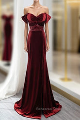 Wine Red Mermaid Velvet Long Party Dress, Wine Red Semi Formal Prom Dress Evening Dress